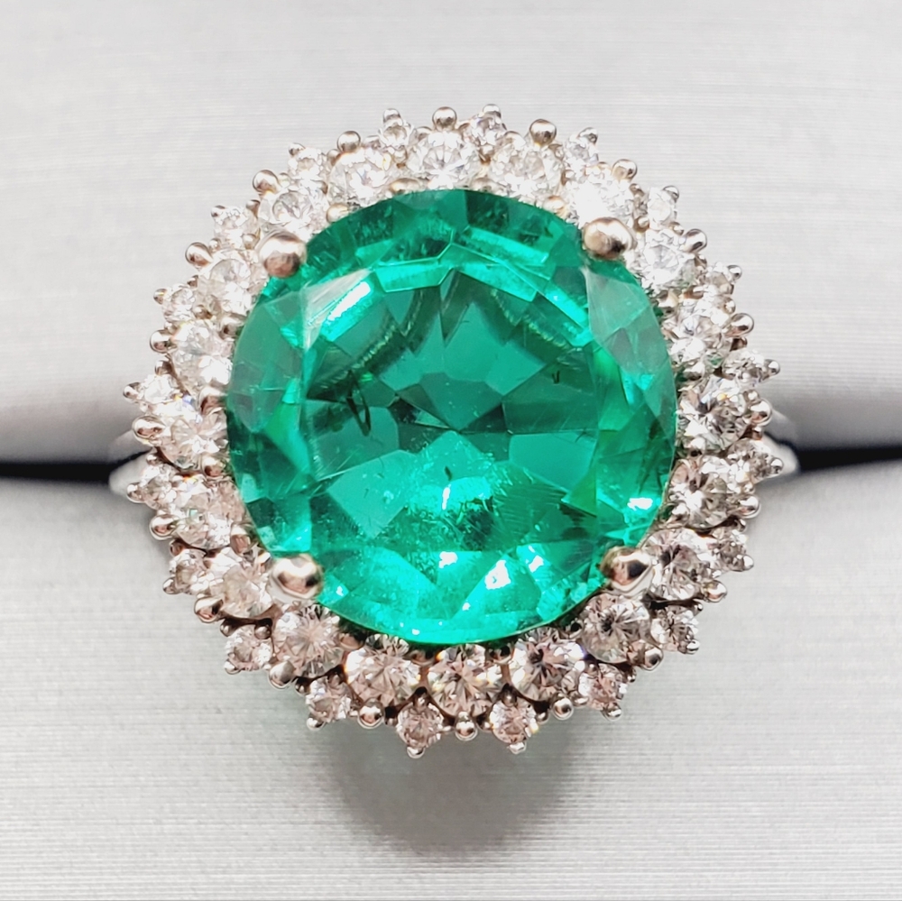 Emerald Green Quartz & White Zircon Sunburst Halo Ring Platinum Over Silver